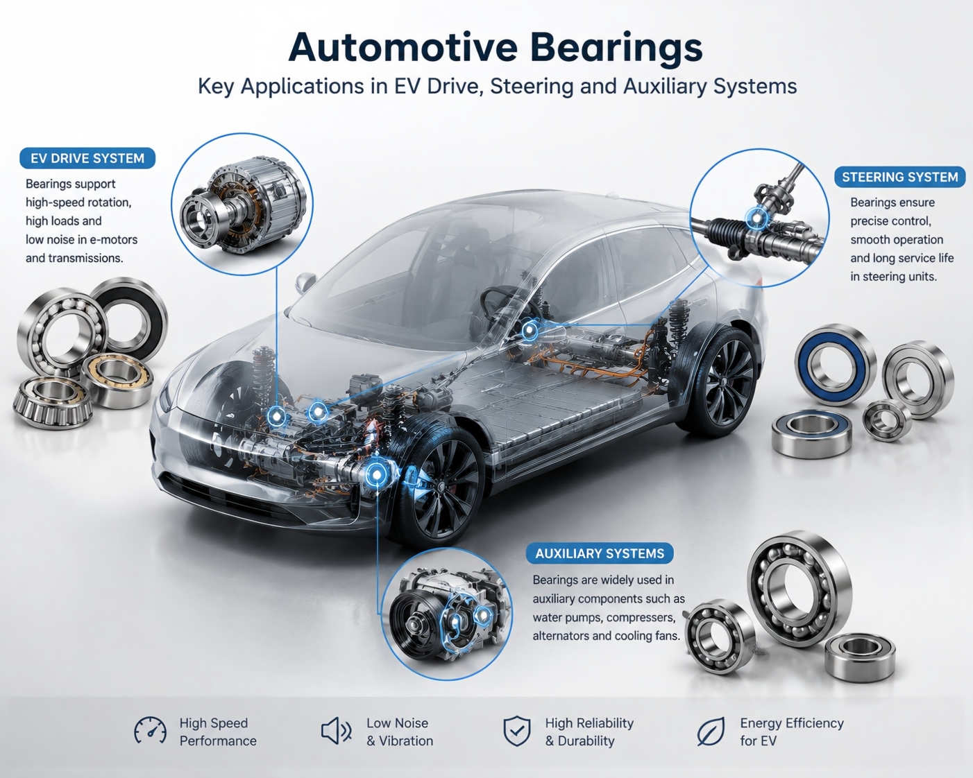 Rolamentos Automotivos: Principais Aplicações em Sistemas de Tração, Direção e Auxiliares de VEs
